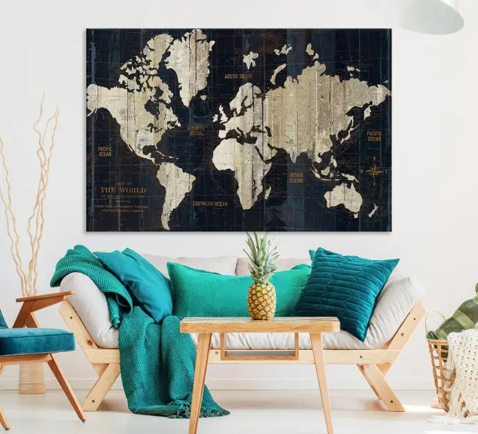 An Antique Old World Map Wall Art Canvas Print, crafted on museum-quality canvas with UV-protective coating, hangs prominently in the room.