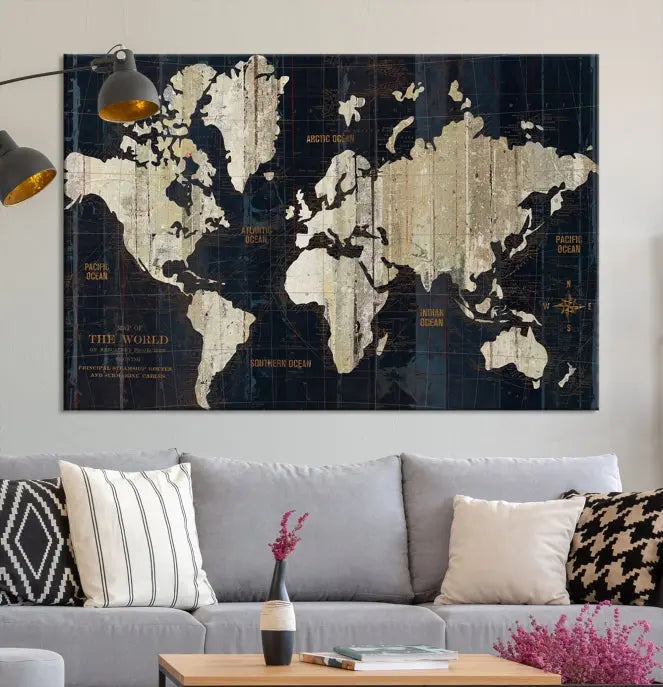 An Antique Old World Map Wall Art Canvas Print, crafted on museum-quality canvas with UV-protective coating, hangs prominently in the room.