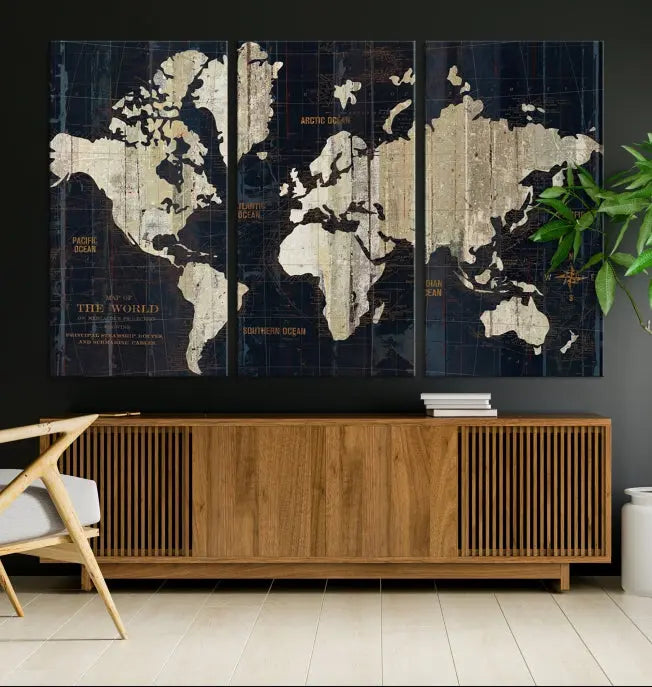 An Antique Old World Map Wall Art Canvas Print, crafted on museum-quality canvas with UV-protective coating, hangs prominently in the room.