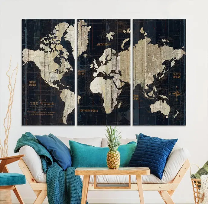 An Antique Old World Map Wall Art Canvas Print, crafted on museum-quality canvas with UV-protective coating, hangs prominently in the room.