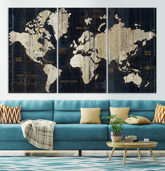 An Antique Old World Map Wall Art Canvas Print, crafted on museum-quality canvas with UV-protective coating, hangs prominently in the room.