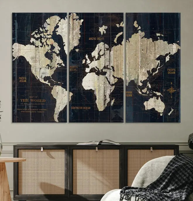 An Antique Old World Map Wall Art Canvas Print, crafted on museum-quality canvas with UV-protective coating, hangs prominently in the room.