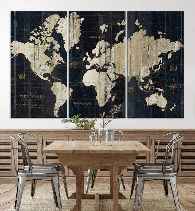 An Antique Old World Map Wall Art Canvas Print, crafted on museum-quality canvas with UV-protective coating, hangs prominently in the room.