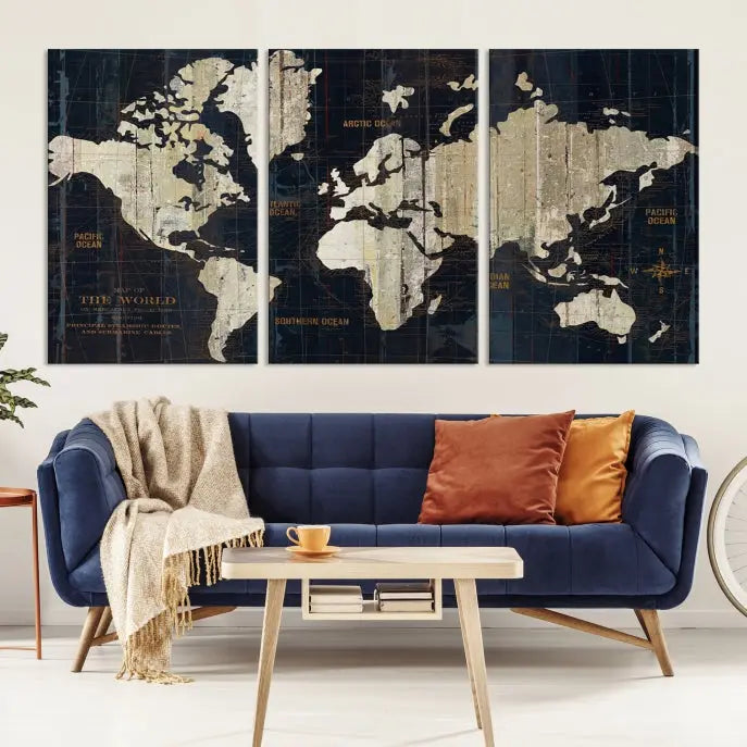 An Antique Old World Map Wall Art Canvas Print, crafted on museum-quality canvas with UV-protective coating, hangs prominently in the room.