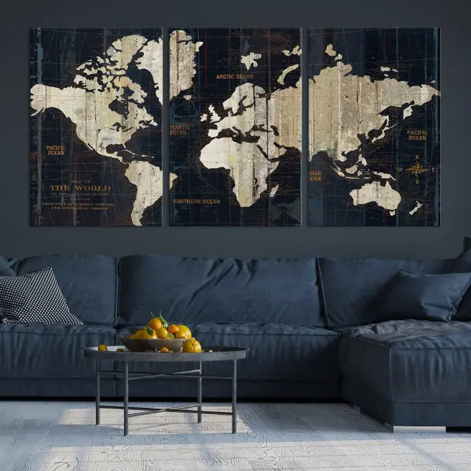 An Antique Old World Map Wall Art Canvas Print, crafted on museum-quality canvas with UV-protective coating, hangs prominently in the room.