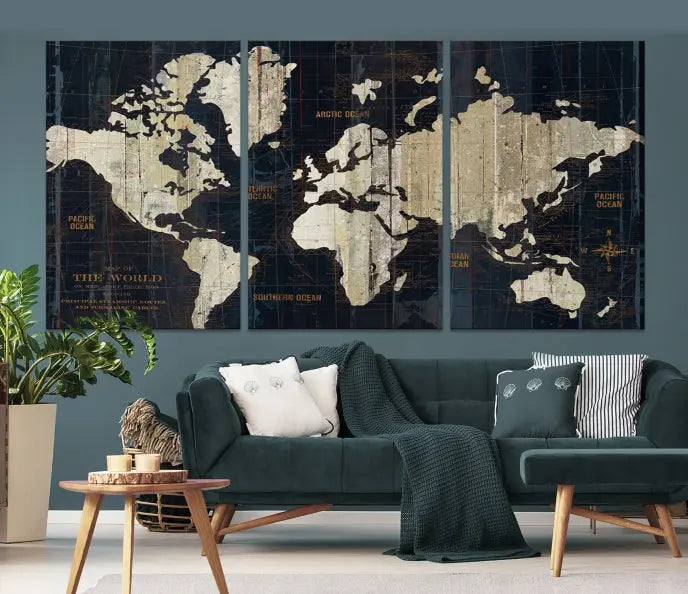 An Antique Old World Map Wall Art Canvas Print, crafted on museum-quality canvas with UV-protective coating, hangs prominently in the room.