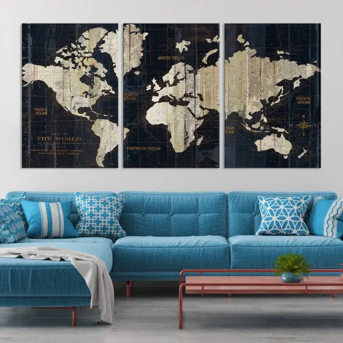 An Antique Old World Map Wall Art Canvas Print, crafted on museum-quality canvas with UV-protective coating, hangs prominently in the room.