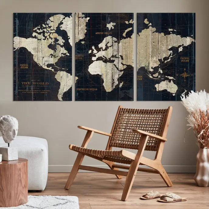 An Antique Old World Map Wall Art Canvas Print, crafted on museum-quality canvas with UV-protective coating, hangs prominently in the room.