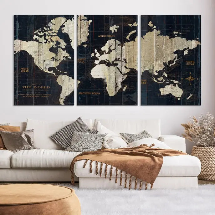 An Antique Old World Map Wall Art Canvas Print, crafted on museum-quality canvas with UV-protective coating, hangs prominently in the room.