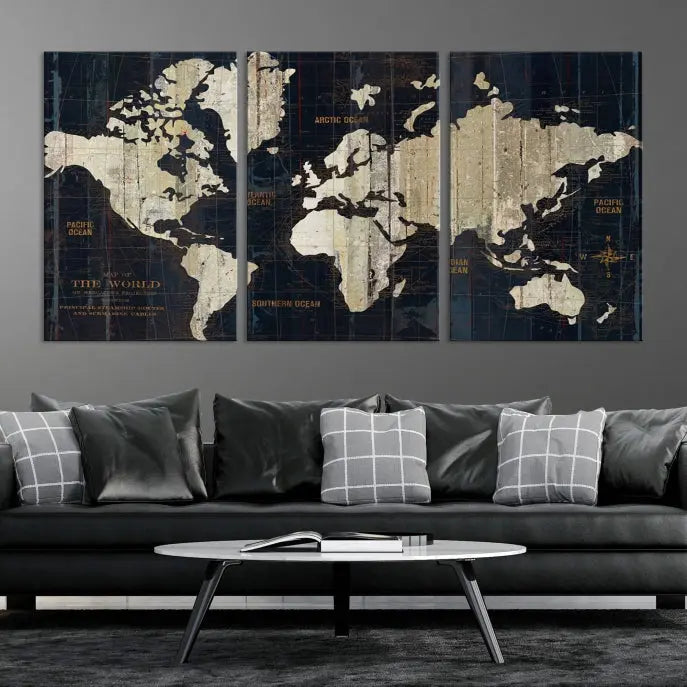 An Antique Old World Map Wall Art Canvas Print, crafted on museum-quality canvas with UV-protective coating, hangs prominently in the room.