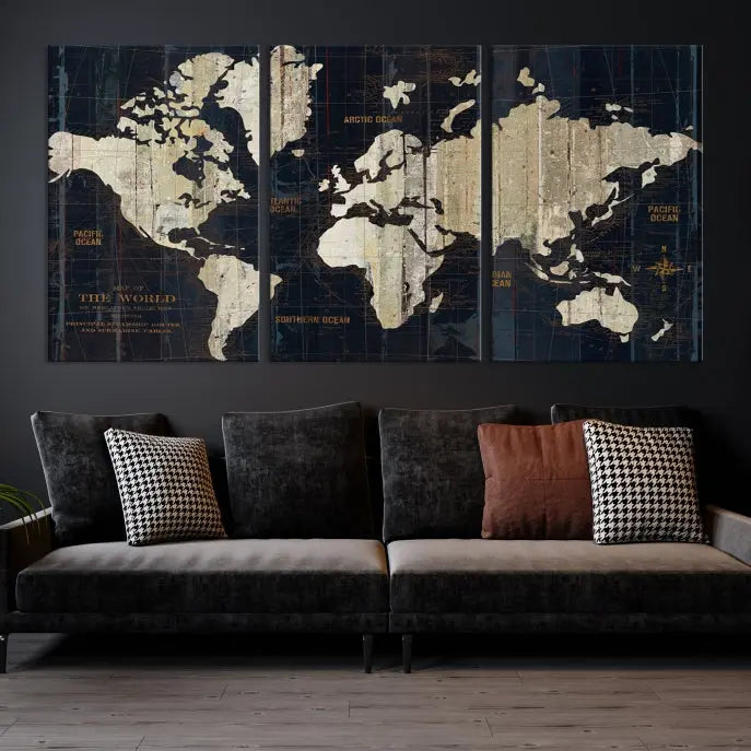 An Antique Old World Map Wall Art Canvas Print, crafted on museum-quality canvas with UV-protective coating, hangs prominently in the room.