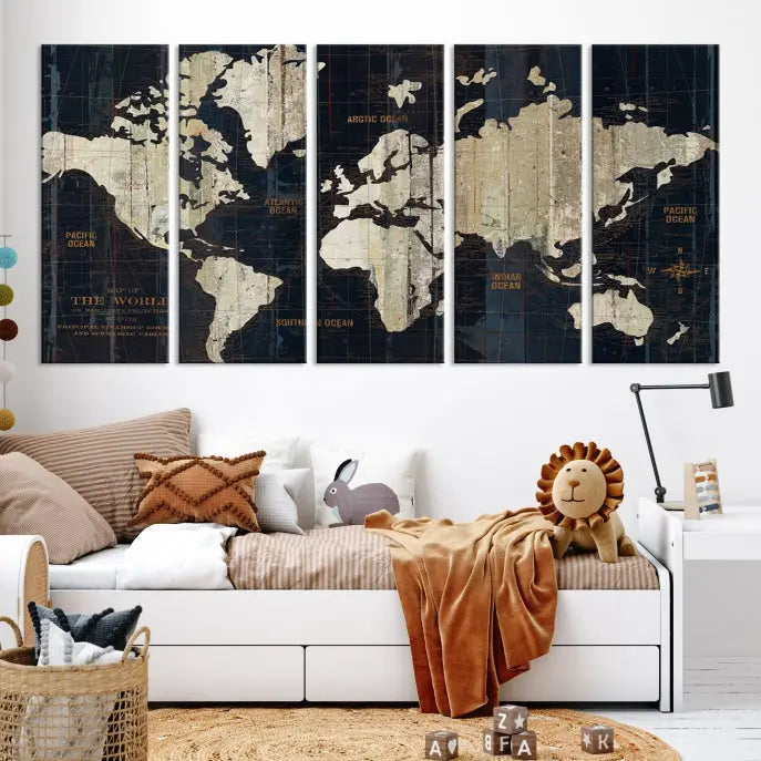 An Antique Old World Map Wall Art Canvas Print, crafted on museum-quality canvas with UV-protective coating, hangs prominently in the room.