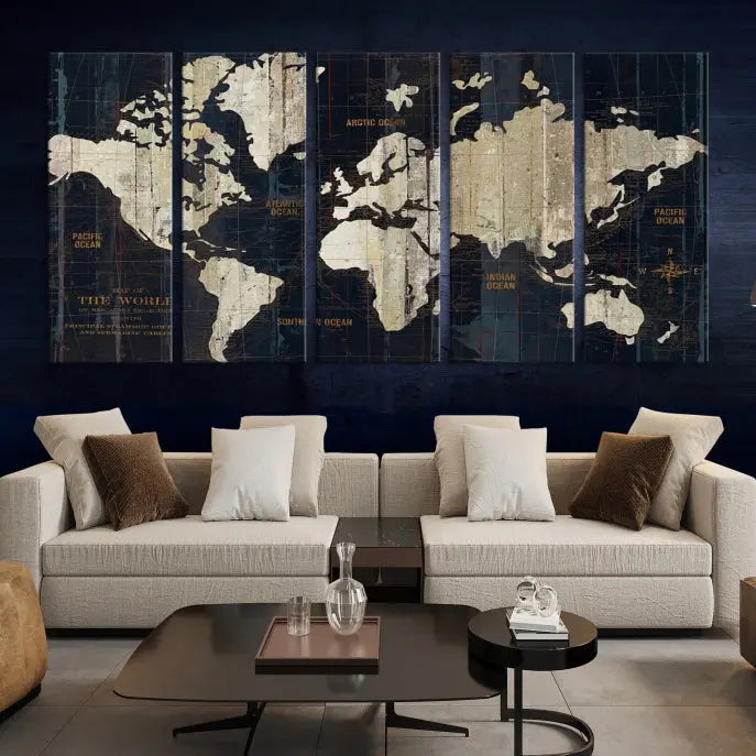 An Antique Old World Map Wall Art Canvas Print, crafted on museum-quality canvas with UV-protective coating, hangs prominently in the room.