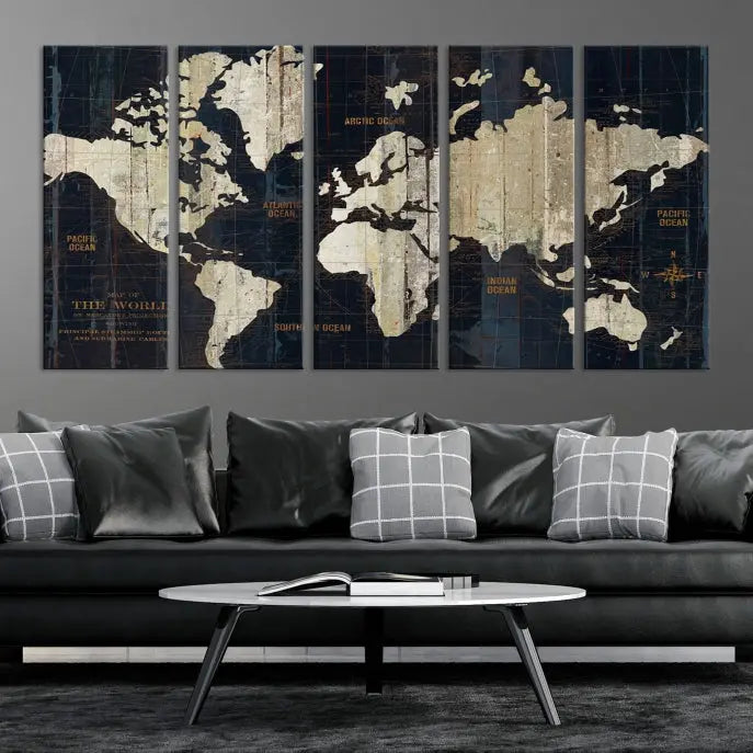 An Antique Old World Map Wall Art Canvas Print, crafted on museum-quality canvas with UV-protective coating, hangs prominently in the room.