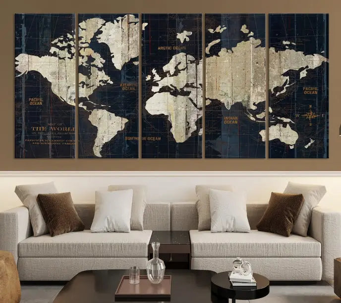 An Antique Old World Map Wall Art Canvas Print, crafted on museum-quality canvas with UV-protective coating, hangs prominently in the room.