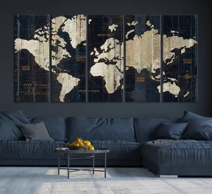 An Antique Old World Map Wall Art Canvas Print, crafted on museum-quality canvas with UV-protective coating, hangs prominently in the room.