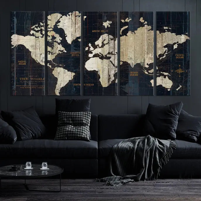 An Antique Old World Map Wall Art Canvas Print, crafted on museum-quality canvas with UV-protective coating, hangs prominently in the room.