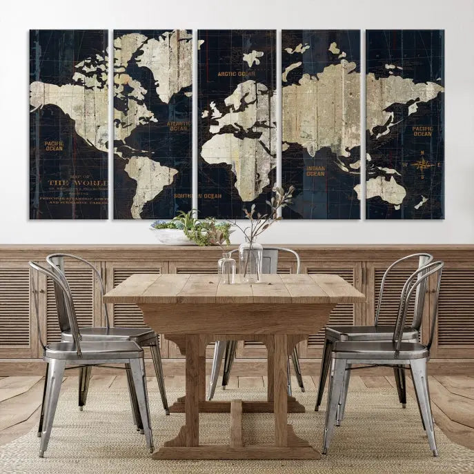 An Antique Old World Map Wall Art Canvas Print, crafted on museum-quality canvas with UV-protective coating, hangs prominently in the room.