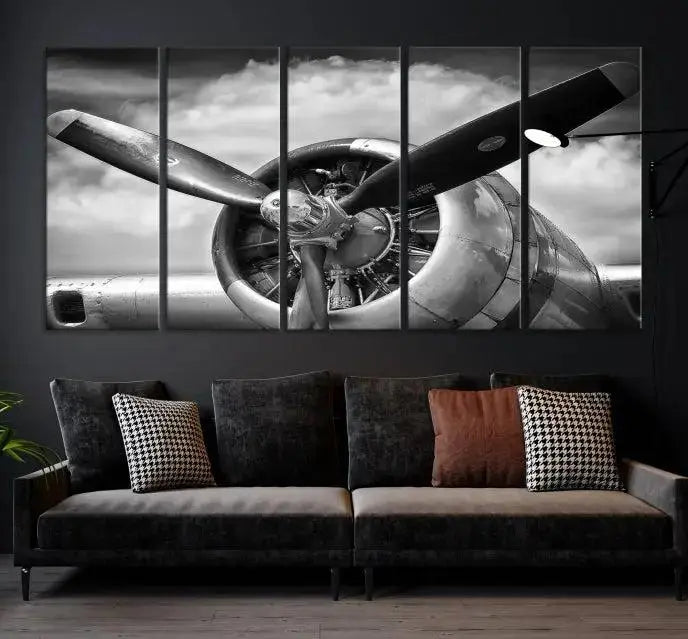 The "Antique War Airplane Wall Art Canvas Print," featuring a black and white airplane propeller, graces the space, adding an elegant touch. Order this remarkable piece now to enjoy free shipping.