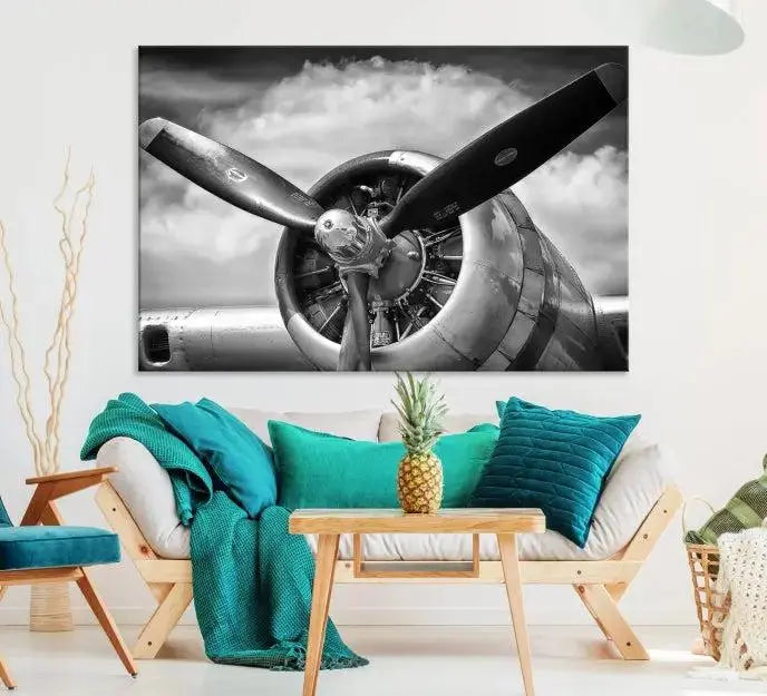 The "Antique War Airplane Wall Art Canvas Print," featuring a black and white airplane propeller, graces the space, adding an elegant touch. Order this remarkable piece now to enjoy free shipping.