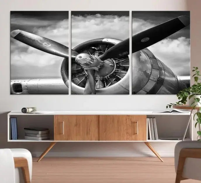 The "Antique War Airplane Wall Art Canvas Print," featuring a black and white airplane propeller, graces the space, adding an elegant touch. Order this remarkable piece now to enjoy free shipping.