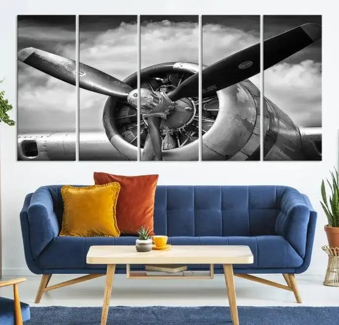 The "Antique War Airplane Wall Art Canvas Print," featuring a black and white airplane propeller, graces the space, adding an elegant touch. Order this remarkable piece now to enjoy free shipping.