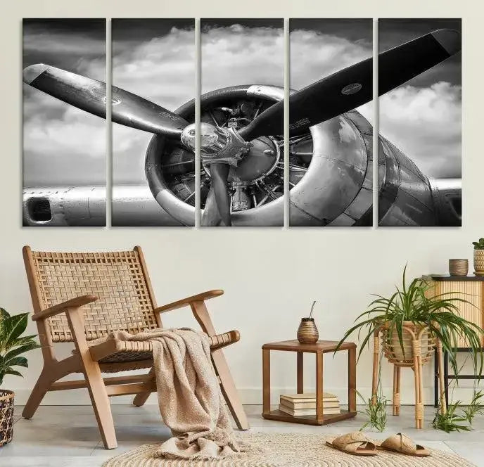 The "Antique War Airplane Wall Art Canvas Print," featuring a black and white airplane propeller, graces the space, adding an elegant touch. Order this remarkable piece now to enjoy free shipping.