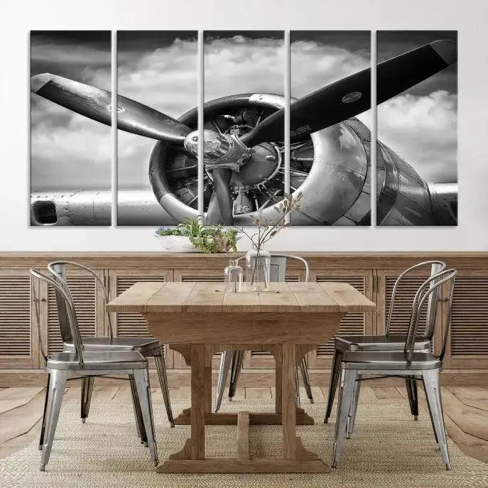 The "Antique War Airplane Wall Art Canvas Print," featuring a black and white airplane propeller, graces the space, adding an elegant touch. Order this remarkable piece now to enjoy free shipping.