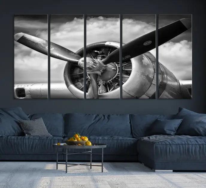 The "Antique War Airplane Wall Art Canvas Print," featuring a black and white airplane propeller, graces the space, adding an elegant touch. Order this remarkable piece now to enjoy free shipping.