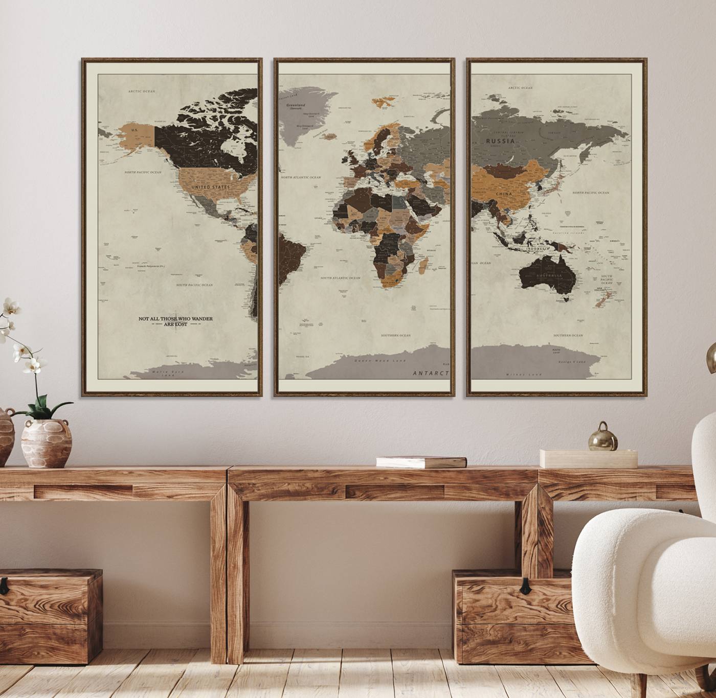 72209-MGV-FC-48X32-3P_Walnut-Antique World Map Canvas Print - Detailed Vintage World Map Art Print for Travel Lovers, Giclee Print, Unique Wall Decor