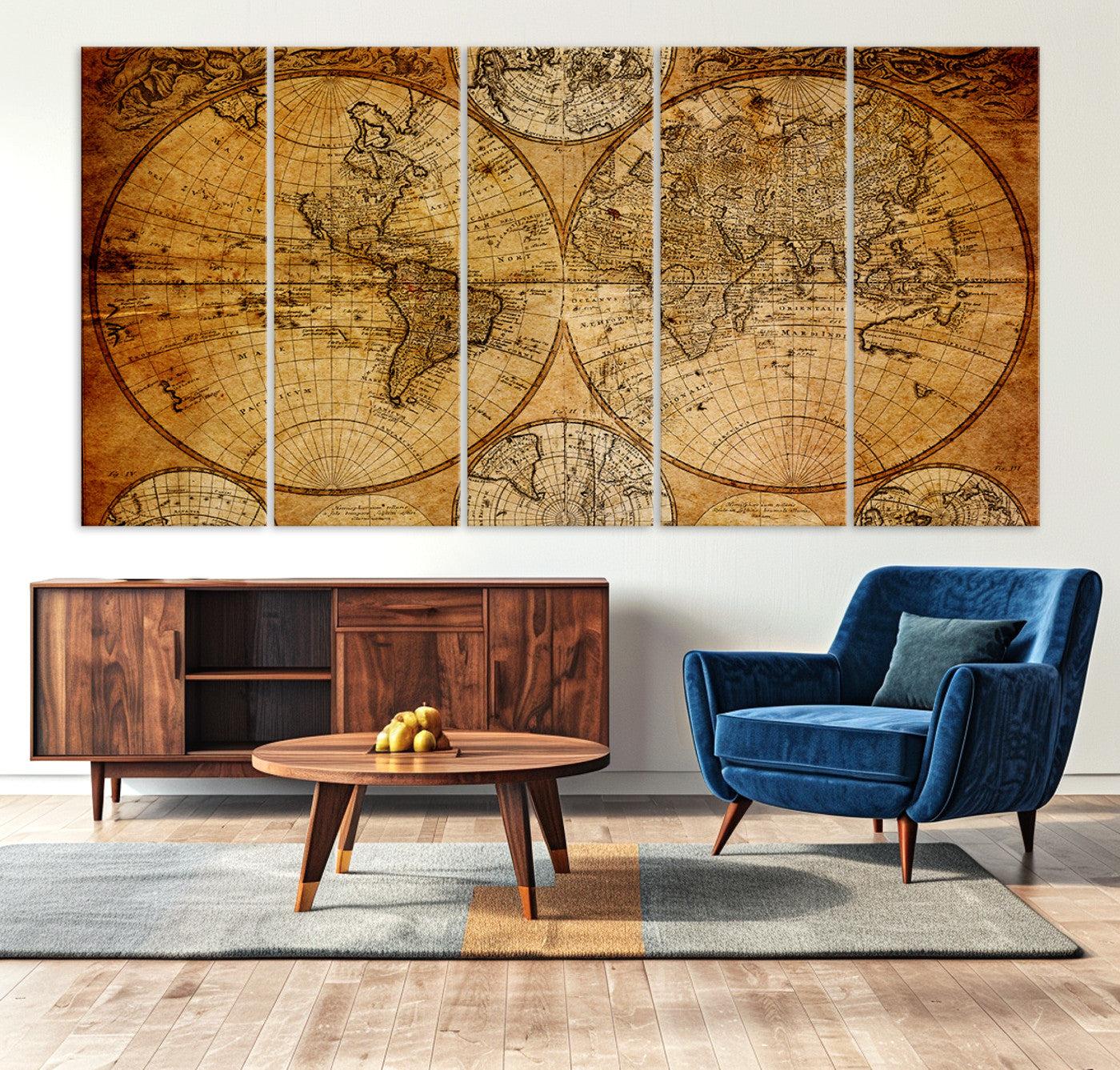 25517-MGV-CV-36X24-Antique World Map Wall Art, Vintage Historical Globe Canvas Print, Multi-Panel Rustic Map Art for Living Room or Office, Ready to Hang Decor