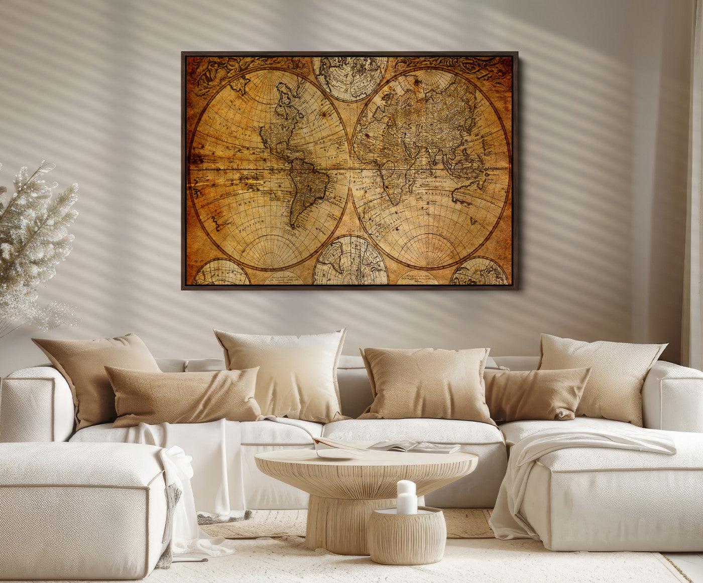 25517-MGV-CV-36X24-Antique World Map Wall Art, Vintage Historical Globe Canvas Print, Multi-Panel Rustic Map Art for Living Room or Office, Ready to Hang Decor