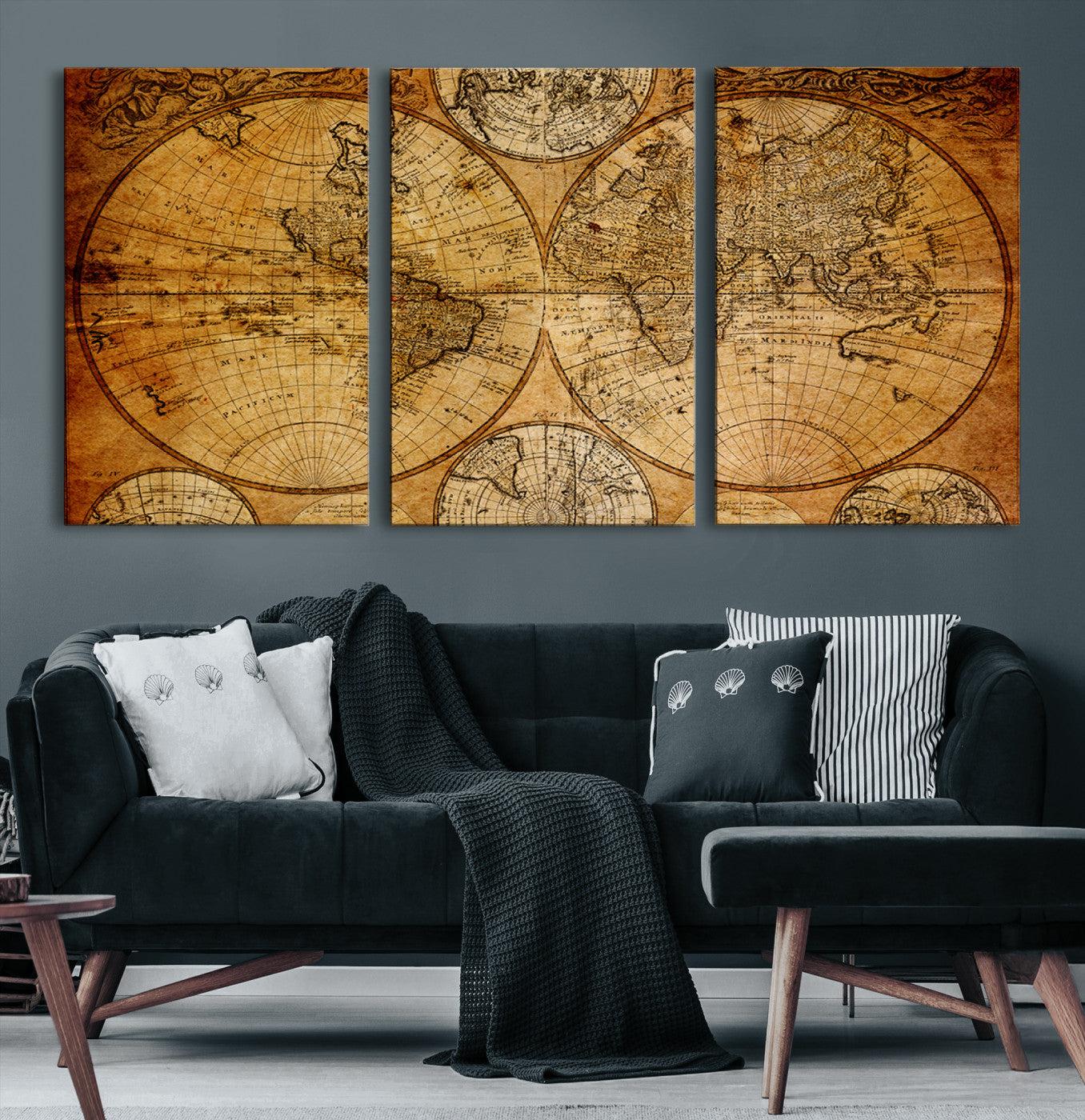 25517-MGV-CV-36X24-Antique World Map Wall Art, Vintage Historical Globe Canvas Print, Multi-Panel Rustic Map Art for Living Room or Office, Ready to Hang Decor