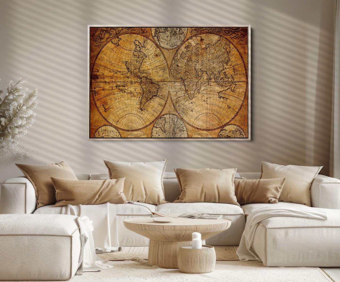 25517-MGV-CV-36X24-Antique World Map Wall Art, Vintage Historical Globe Canvas Print, Multi-Panel Rustic Map Art for Living Room or Office, Ready to Hang Decor