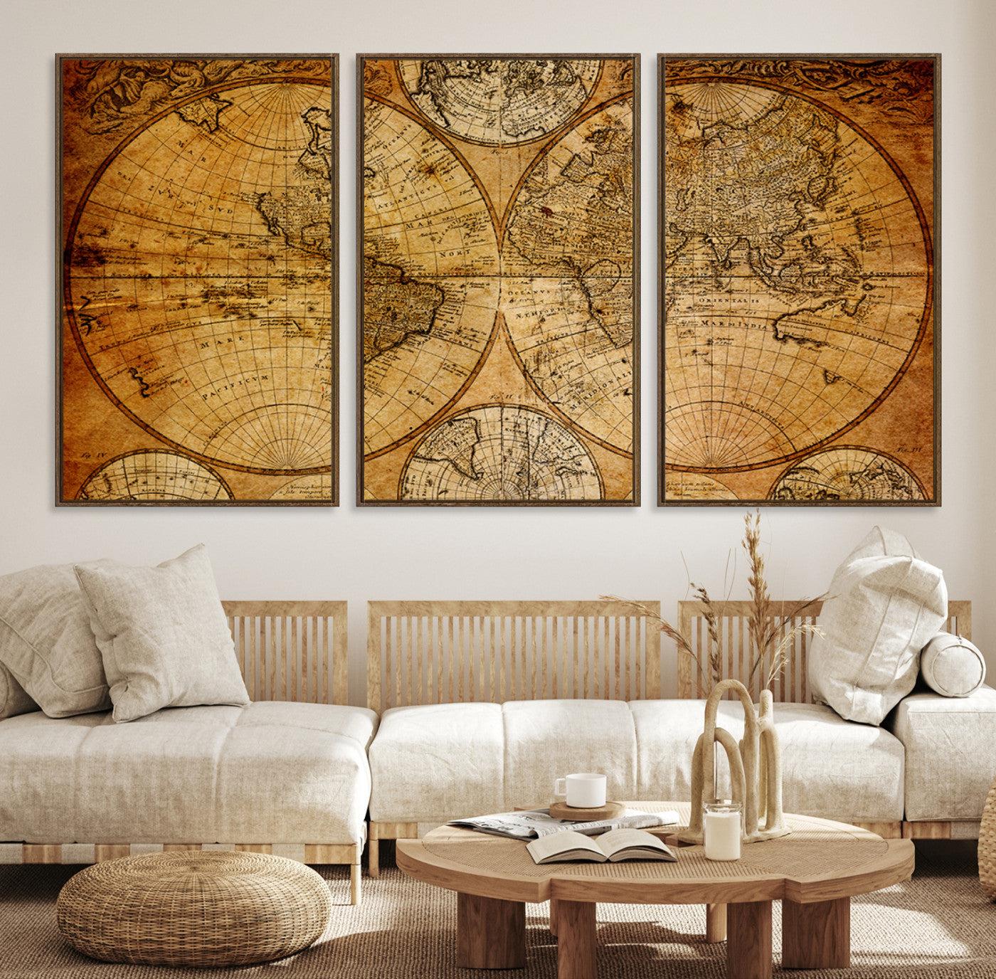 25517-MGV-CV-36X24-Antique World Map Wall Art, Vintage Historical Globe Canvas Print, Multi-Panel Rustic Map Art for Living Room or Office, Ready to Hang Decor