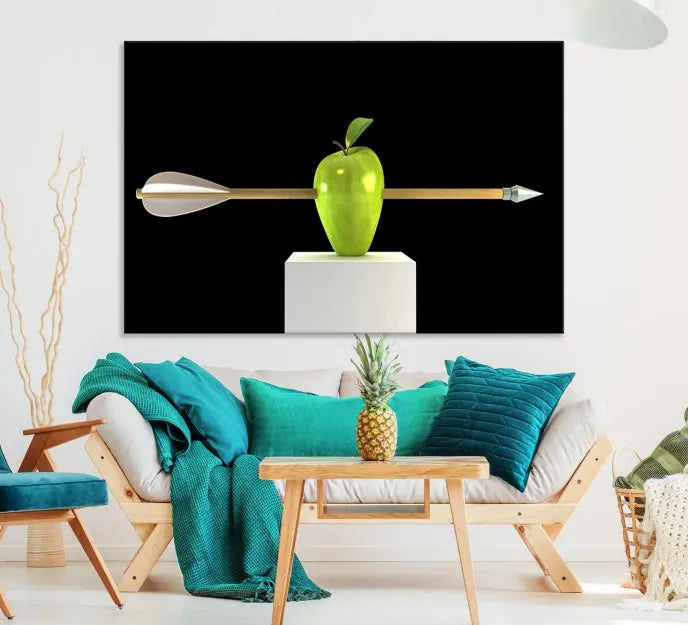 The "Apple and Arrow Wall Art Apple Illustr Canvas Print" is a triptych art piece depicting an arrow through a green apple on a black background. This gallery-wrapped artwork, printed on museum-quality canvas, ensures vibrancy and durability.