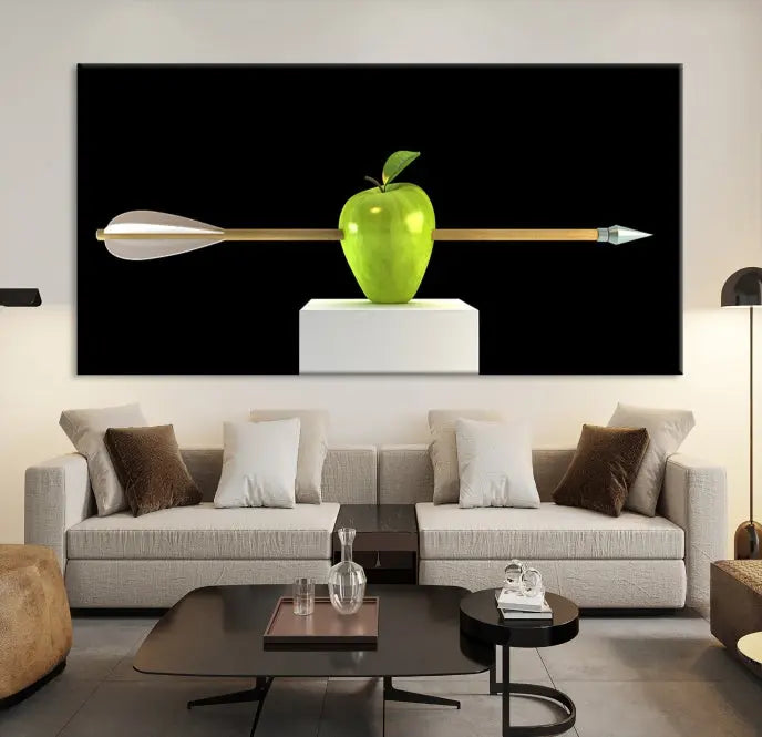 The "Apple and Arrow Wall Art Apple Illustr Canvas Print" is a triptych art piece depicting an arrow through a green apple on a black background. This gallery-wrapped artwork, printed on museum-quality canvas, ensures vibrancy and durability.