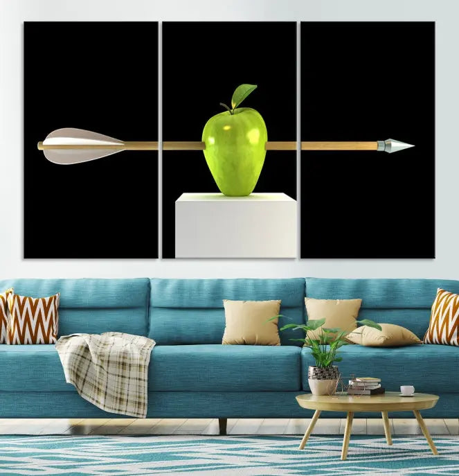 The "Apple and Arrow Wall Art Apple Illustr Canvas Print" is a triptych art piece depicting an arrow through a green apple on a black background. This gallery-wrapped artwork, printed on museum-quality canvas, ensures vibrancy and durability.