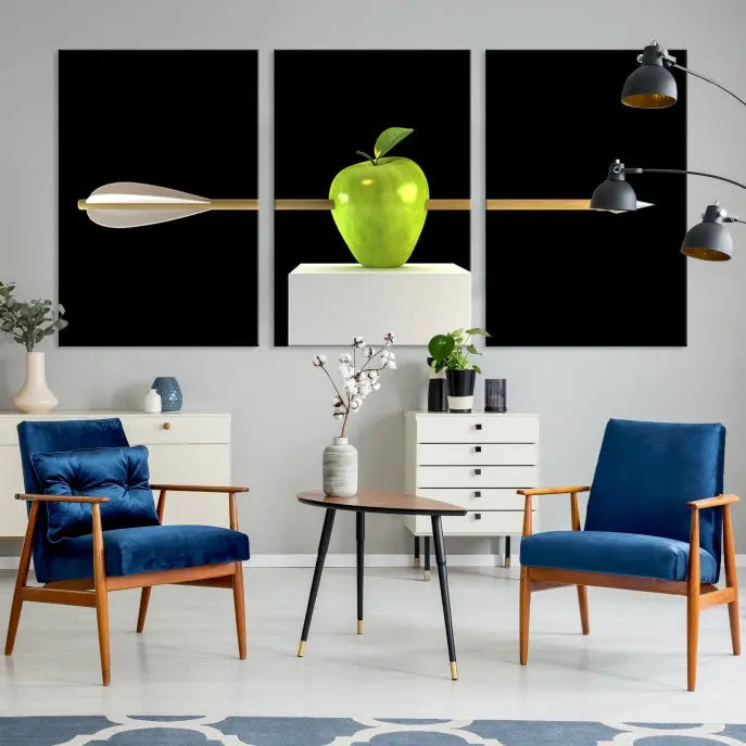 The "Apple and Arrow Wall Art Apple Illustr Canvas Print" is a triptych art piece depicting an arrow through a green apple on a black background. This gallery-wrapped artwork, printed on museum-quality canvas, ensures vibrancy and durability.