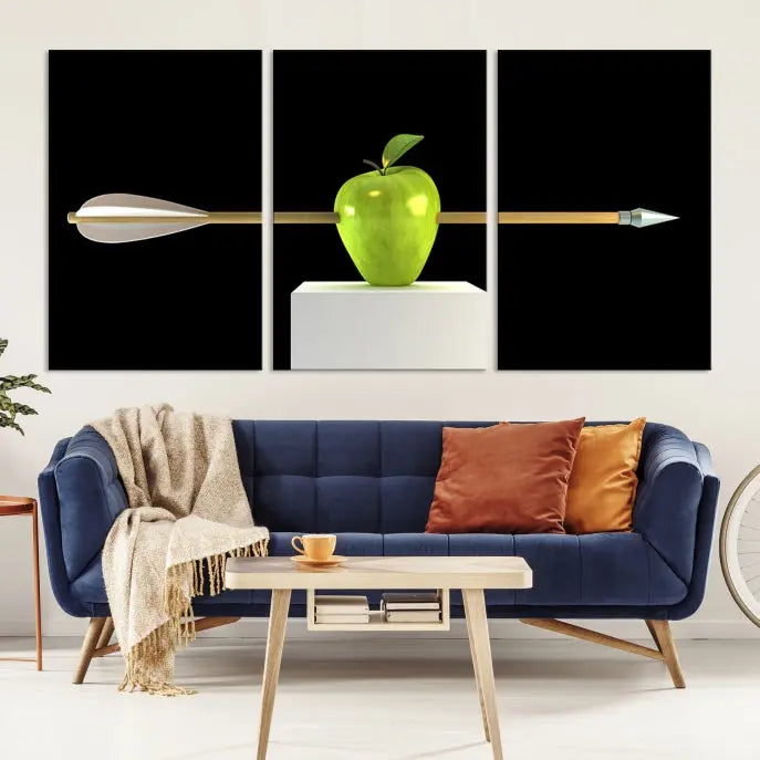 The "Apple and Arrow Wall Art Apple Illustr Canvas Print" is a triptych art piece depicting an arrow through a green apple on a black background. This gallery-wrapped artwork, printed on museum-quality canvas, ensures vibrancy and durability.