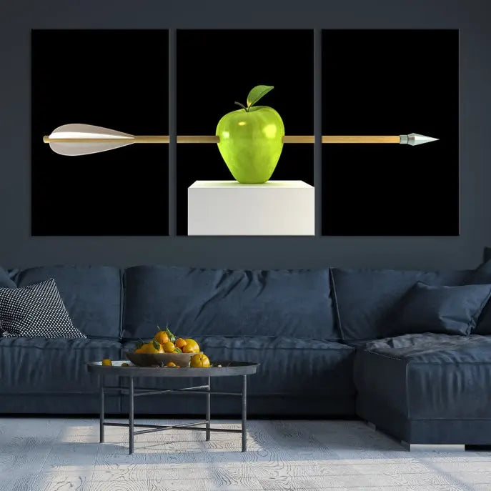 The "Apple and Arrow Wall Art Apple Illustr Canvas Print" is a triptych art piece depicting an arrow through a green apple on a black background. This gallery-wrapped artwork, printed on museum-quality canvas, ensures vibrancy and durability.