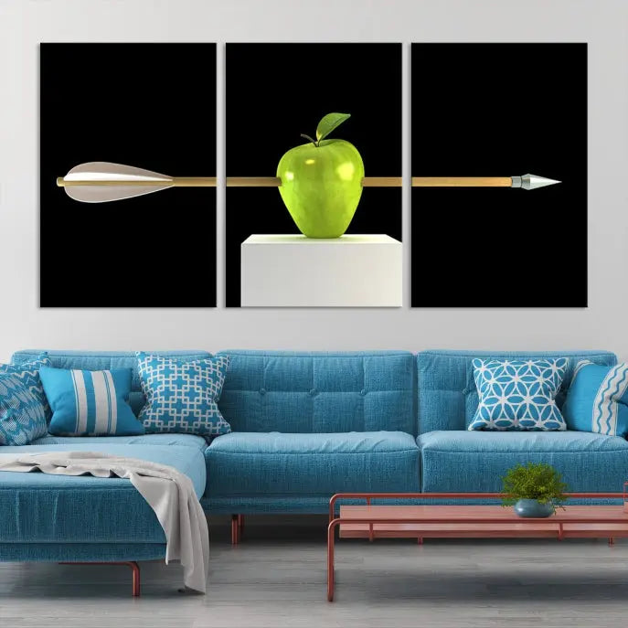 The "Apple and Arrow Wall Art Apple Illustr Canvas Print" is a triptych art piece depicting an arrow through a green apple on a black background. This gallery-wrapped artwork, printed on museum-quality canvas, ensures vibrancy and durability.