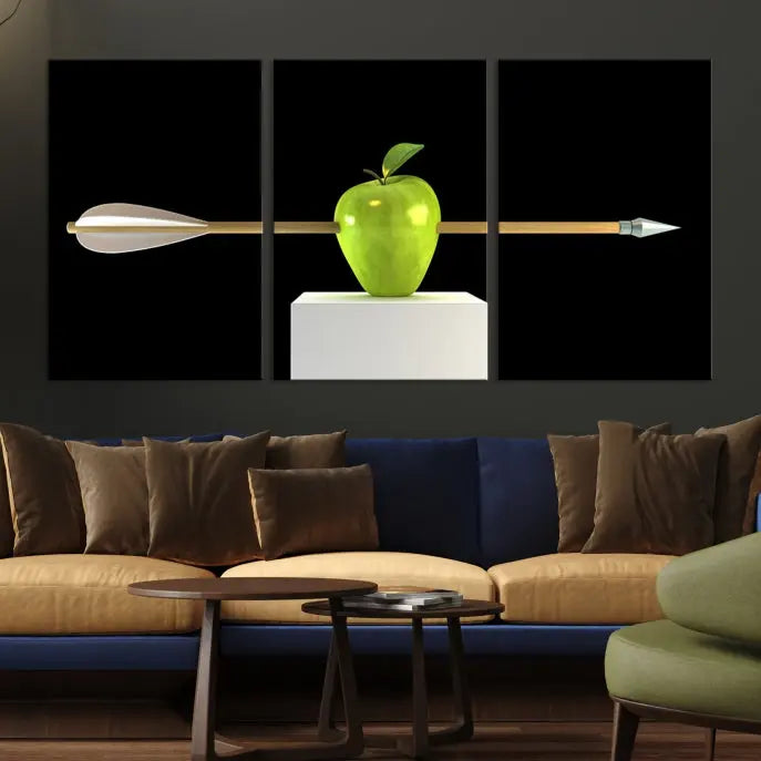 The "Apple and Arrow Wall Art Apple Illustr Canvas Print" is a triptych art piece depicting an arrow through a green apple on a black background. This gallery-wrapped artwork, printed on museum-quality canvas, ensures vibrancy and durability.