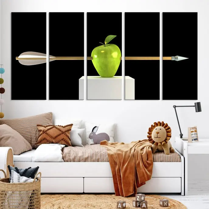 The "Apple and Arrow Wall Art Apple Illustr Canvas Print" is a triptych art piece depicting an arrow through a green apple on a black background. This gallery-wrapped artwork, printed on museum-quality canvas, ensures vibrancy and durability.