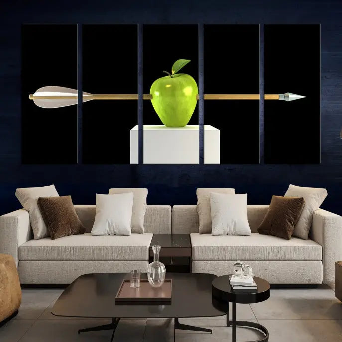 The "Apple and Arrow Wall Art Apple Illustr Canvas Print" is a triptych art piece depicting an arrow through a green apple on a black background. This gallery-wrapped artwork, printed on museum-quality canvas, ensures vibrancy and durability.