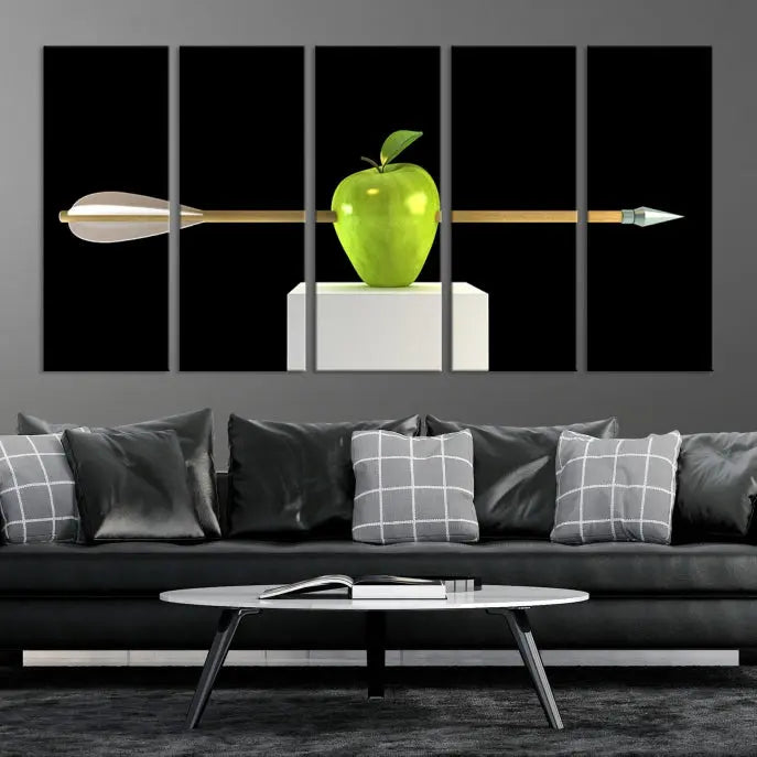 The "Apple and Arrow Wall Art Apple Illustr Canvas Print" is a triptych art piece depicting an arrow through a green apple on a black background. This gallery-wrapped artwork, printed on museum-quality canvas, ensures vibrancy and durability.