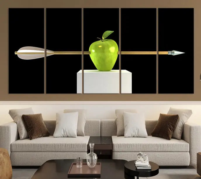 The "Apple and Arrow Wall Art Apple Illustr Canvas Print" is a triptych art piece depicting an arrow through a green apple on a black background. This gallery-wrapped artwork, printed on museum-quality canvas, ensures vibrancy and durability.