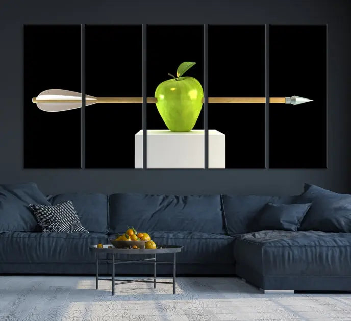 The "Apple and Arrow Wall Art Apple Illustr Canvas Print" is a triptych art piece depicting an arrow through a green apple on a black background. This gallery-wrapped artwork, printed on museum-quality canvas, ensures vibrancy and durability.