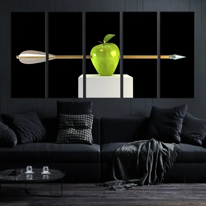 The "Apple and Arrow Wall Art Apple Illustr Canvas Print" is a triptych art piece depicting an arrow through a green apple on a black background. This gallery-wrapped artwork, printed on museum-quality canvas, ensures vibrancy and durability.