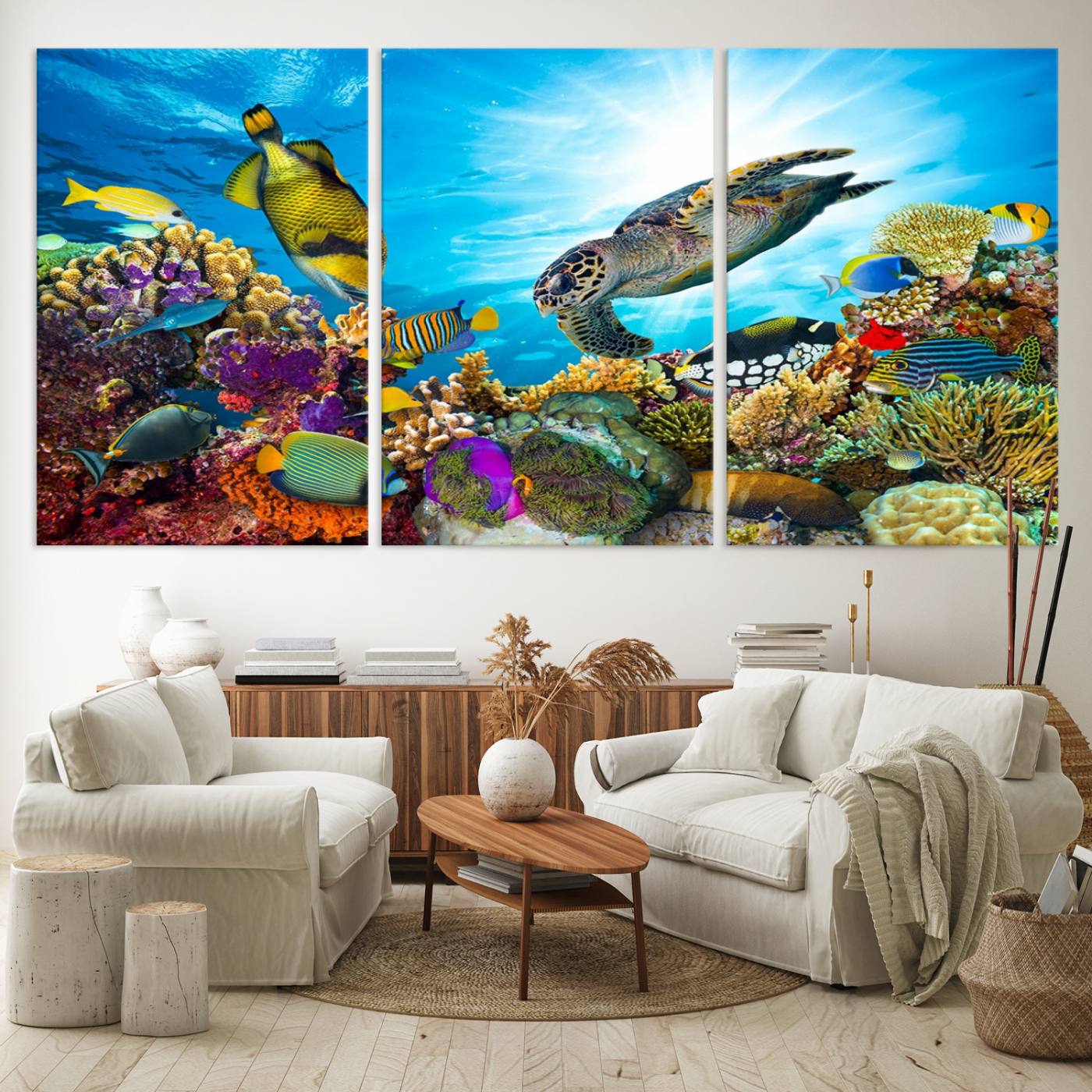 15252-MGV-CV-60X30-3P-Aquatic Life Sea Turtles Fish Wall Art Canvas Print